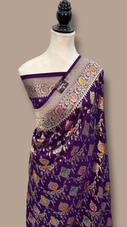 Purple Pure Katan Silk Banarasi Handloom Saree - All over Jaal Work With Meenakari - The Handlooms