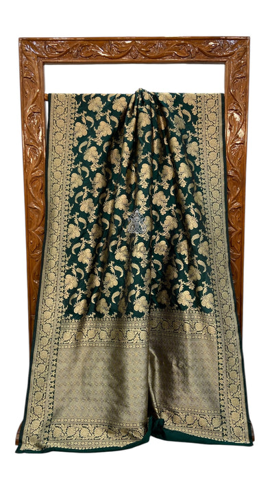 Green Pure Katan Silk Banarasi Handloom Saree - All Over Jaal Work