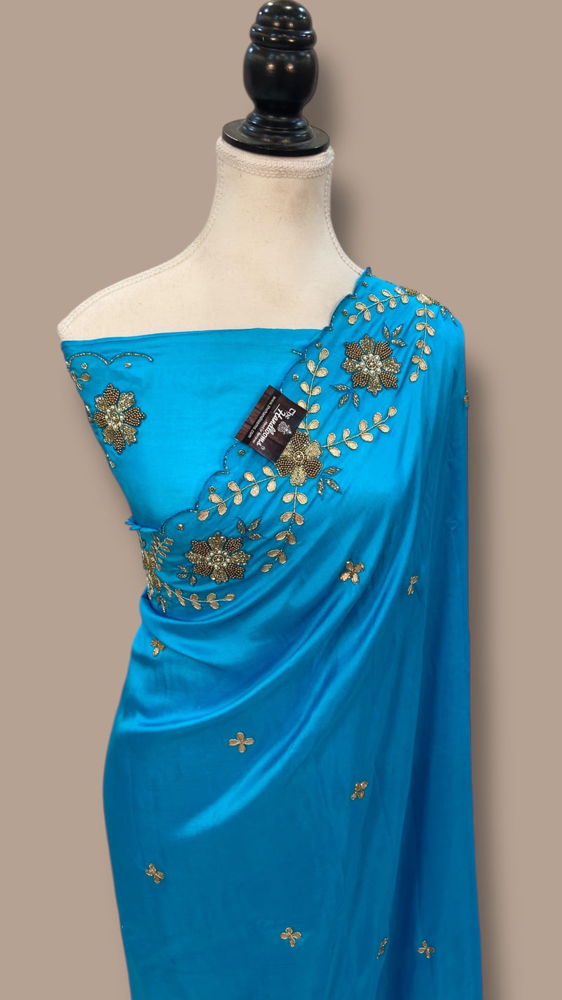 Pure katan Silk Handloom Banarasi Saree with Handwork: Zardozi, Diamond Chain, Katdana, and Abla Detailing - The Handlooms