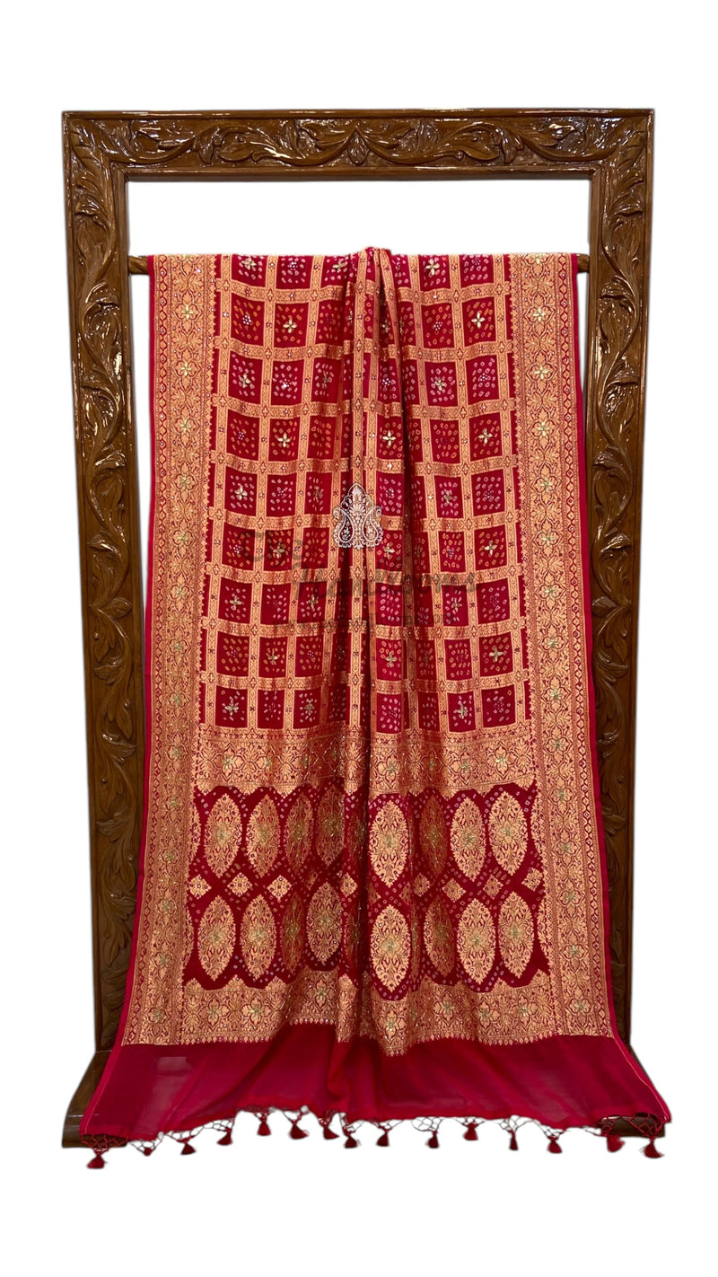 Pure Khaddi Georgette Banarasi Bandhej Handloom Saree with Handwork: Gota Patti, Zardozi, Diamond Chain, Katdana, and Abla Detailing - The Handlooms