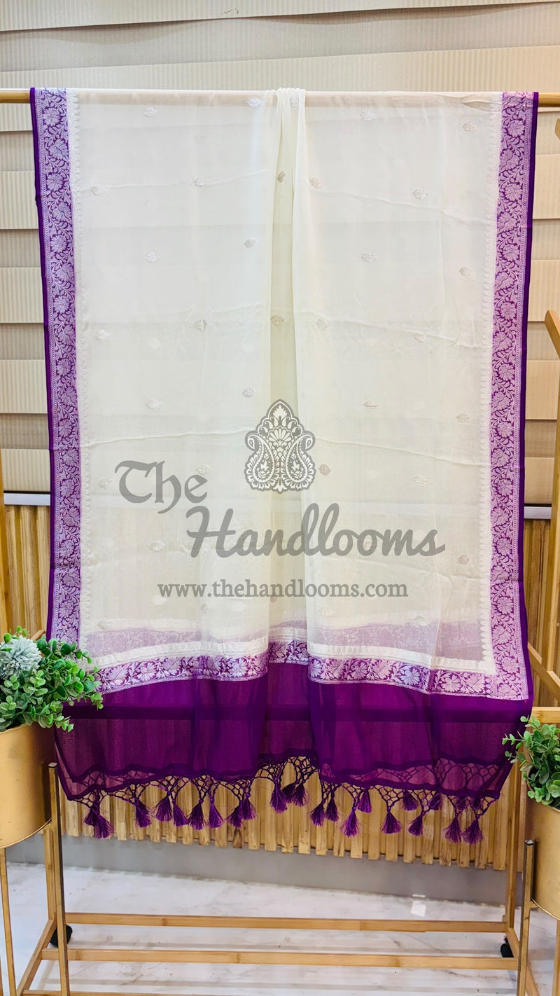 Pure Khaddi Georgette Dupatta - Off-White silver zari - The Handlooms