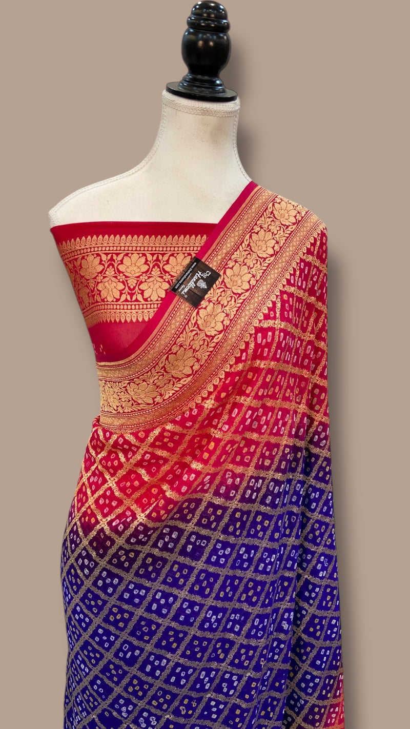 Dual Shade Pure Georgette Banarasi Bandhej Handloom Saree - The Handlooms