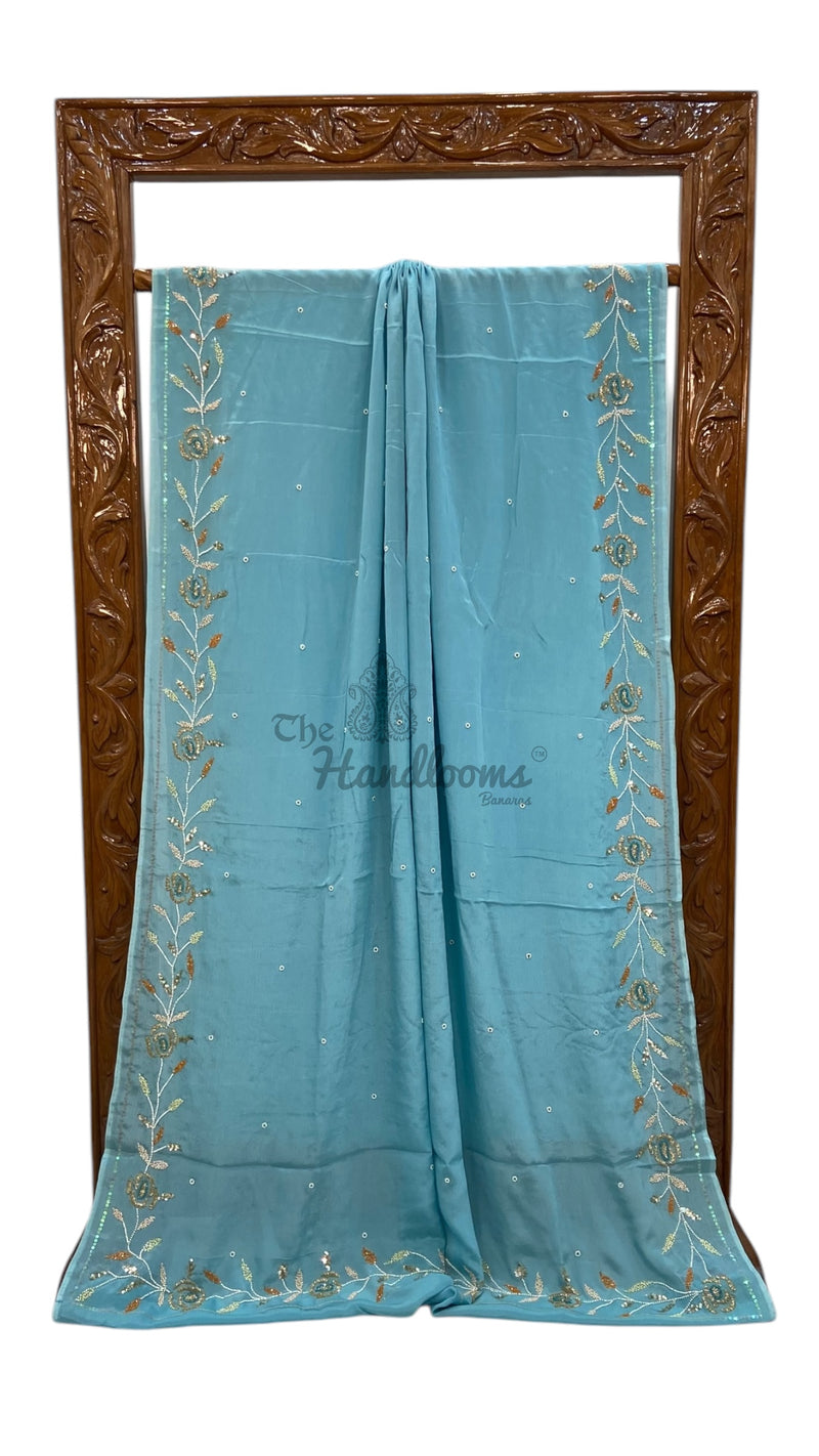 Pure Georgette Handloom Banarasi Saree with Handwork: Zardozi, Diamond Chain and Katdana - The Handlooms