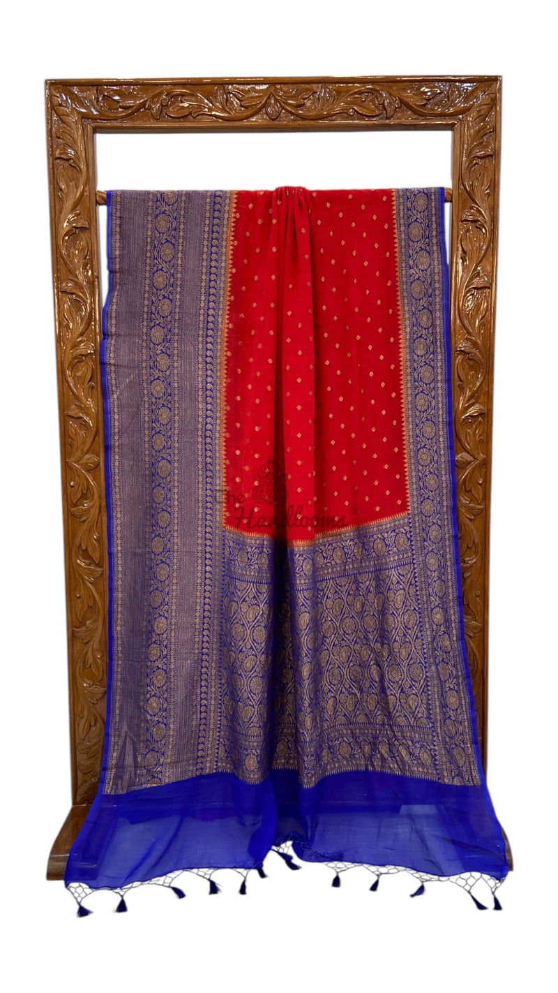 Red with blue Khaddi Georgette Banarasi Saree -  Antique zari - The Handlooms