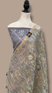 Pure Chanderi Cotton Banarasi Dress material - Chikankari With Organza Dupatta - The Handlooms