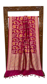Hot Pink Pure Khaddi Georgette Handloom Banarasi Saree - The Handlooms