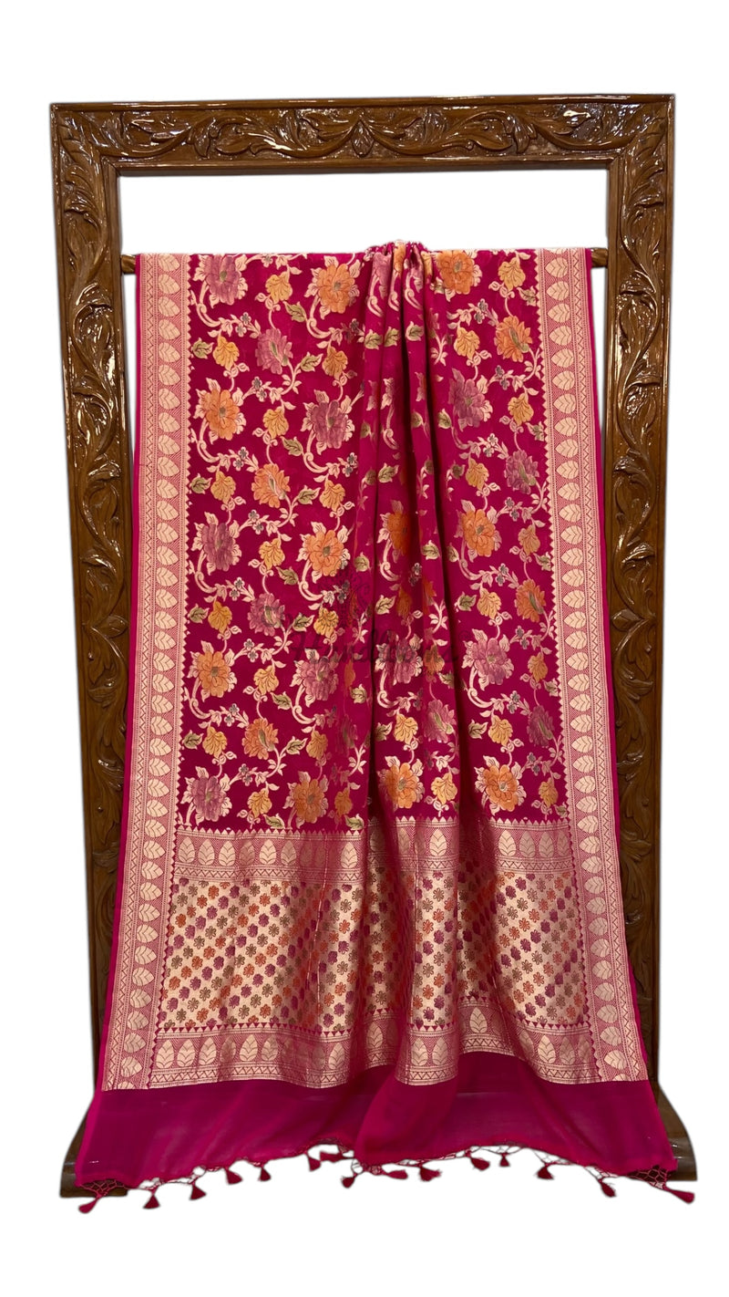 Hot Pink Pure Khaddi Georgette Handloom Banarasi Saree - The Handlooms