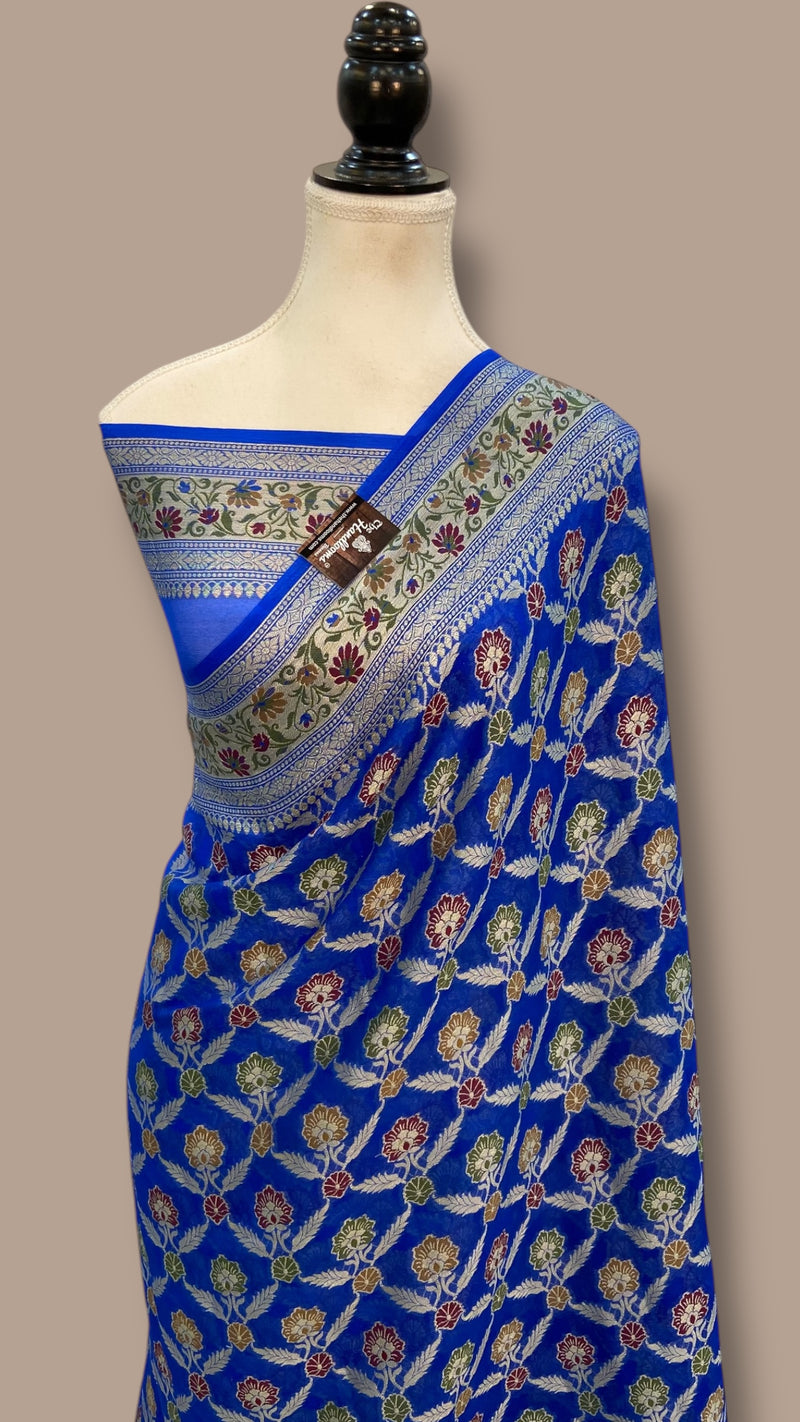 Blue Pure Chiffon Khaddi Banarasi Saree - The Handlooms