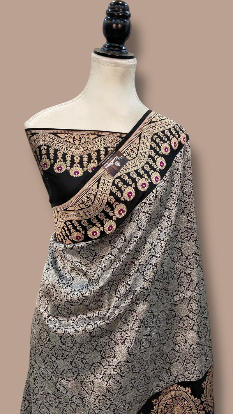 Black Pure Katan Silk Banarasi Handloom Saree - All Over Jaal Work - The Handlooms