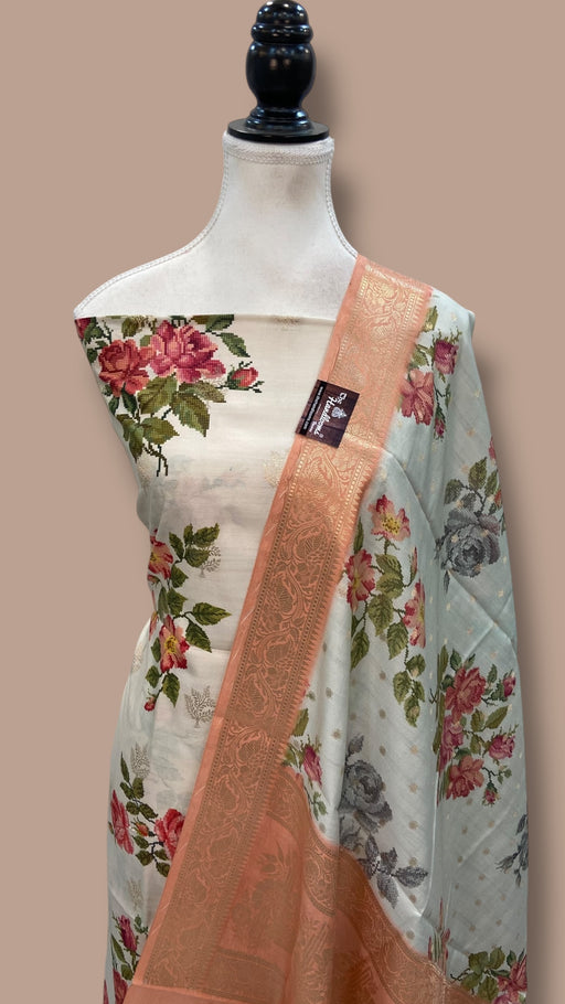 Pure Chiniya Silk Handloom Banarasi Dress Material with Elegant Digital Print - The Handlooms