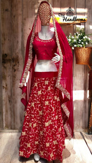 Georgette Zardosi Lehenga with Handworked Chiffon Dupatta & Silk Blouse - The Handlooms