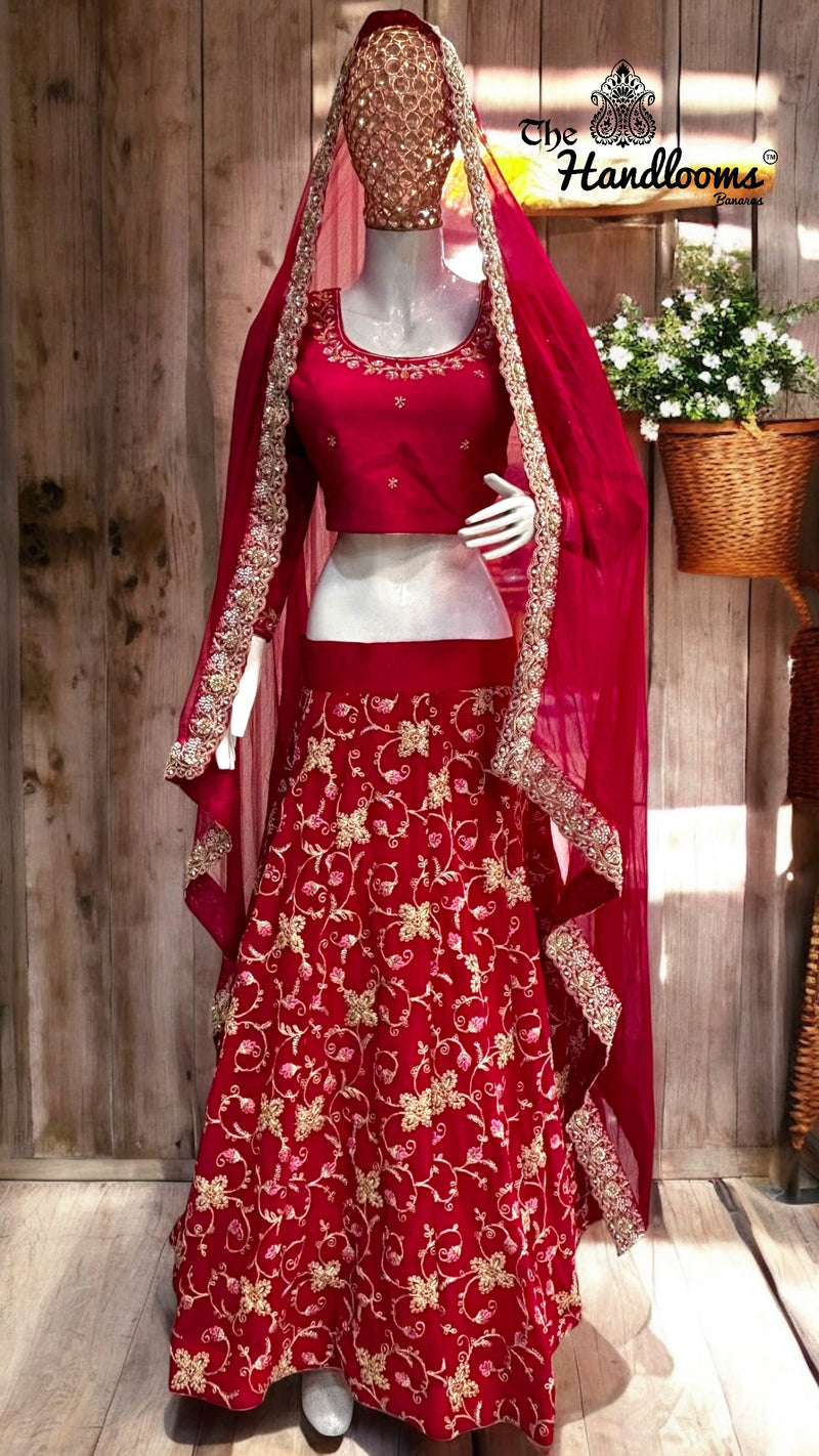 Georgette Zardosi Lehenga with Handworked Chiffon Dupatta & Silk Blouse - The Handlooms