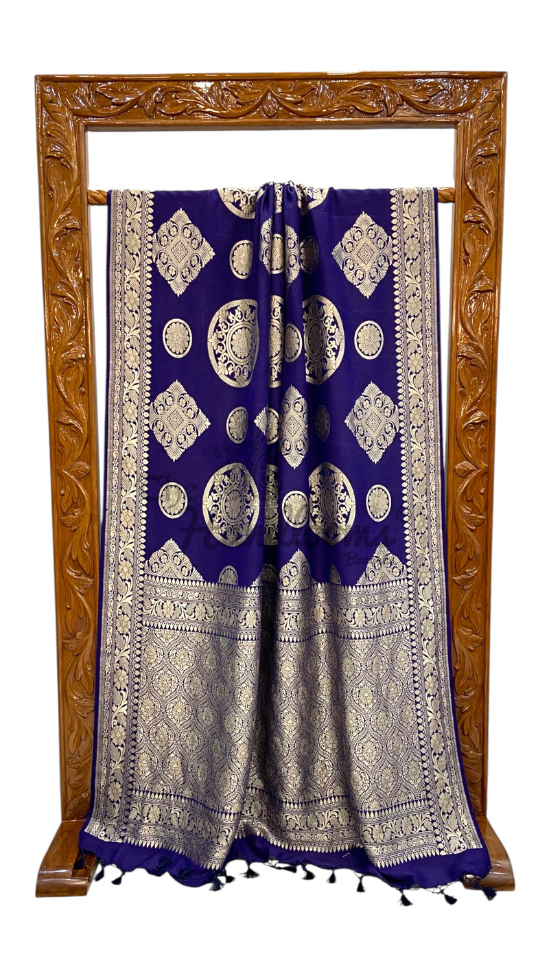 Deep Royal Blue Moonga Georgette Handloom Banarasi Saree - The Handlooms