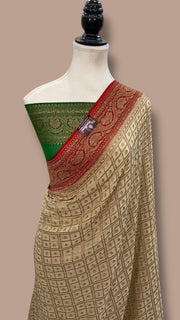 Cream Pure Khaddi Georgette Handloom Banarasi Saree - The Handlooms