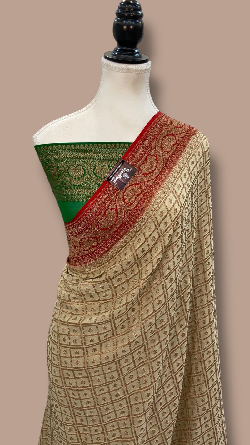 Cream Pure Khaddi Georgette Handloom Banarasi Saree - The Handlooms