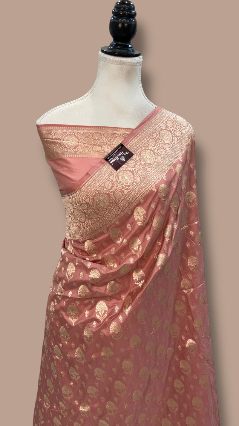 Dusty Rose Pure Katan Silk Banarasi Handloom Saree - All over jaal work - The Handlooms