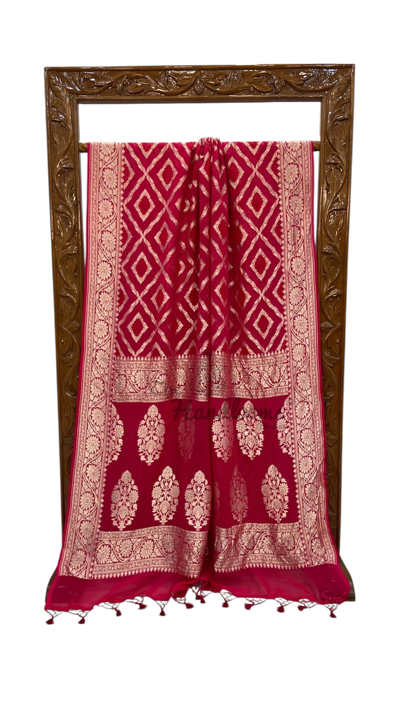 Hot Pink Pure Khaddi Georgette Handloom Banarasi Saree - The Handlooms