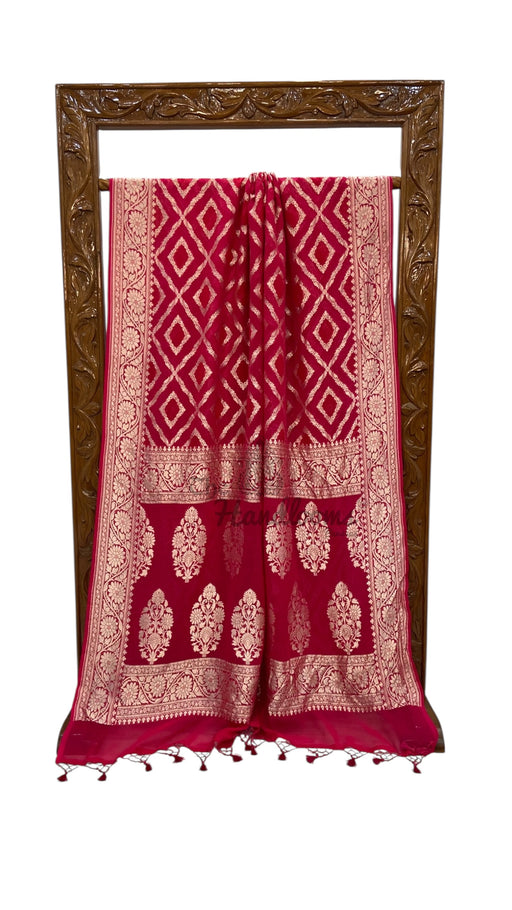 Hot Pink Pure Khaddi Georgette Handloom Banarasi Saree - The Handlooms