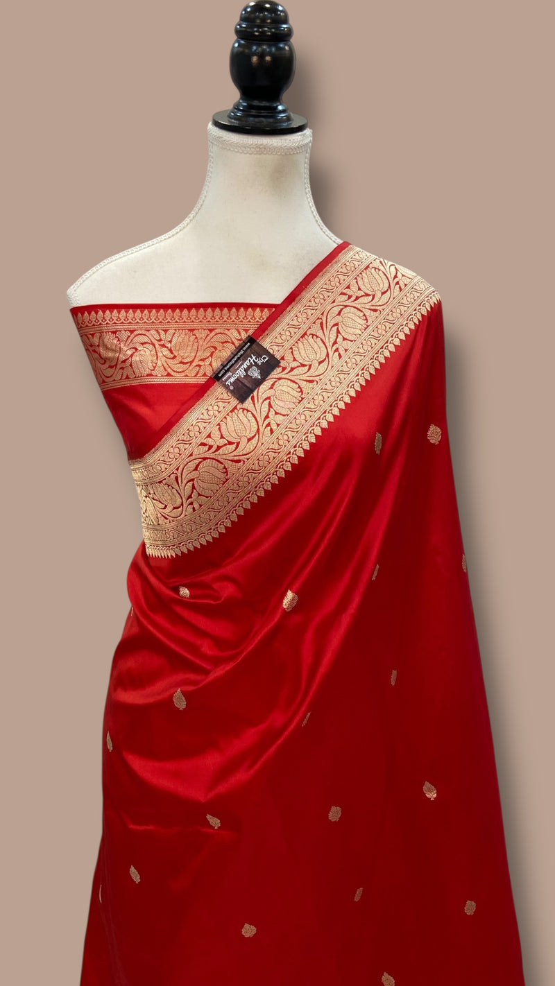 Red Pure Katan Silk Banarasi Handloom Saree - All Over Kadua Motifs - The Handlooms