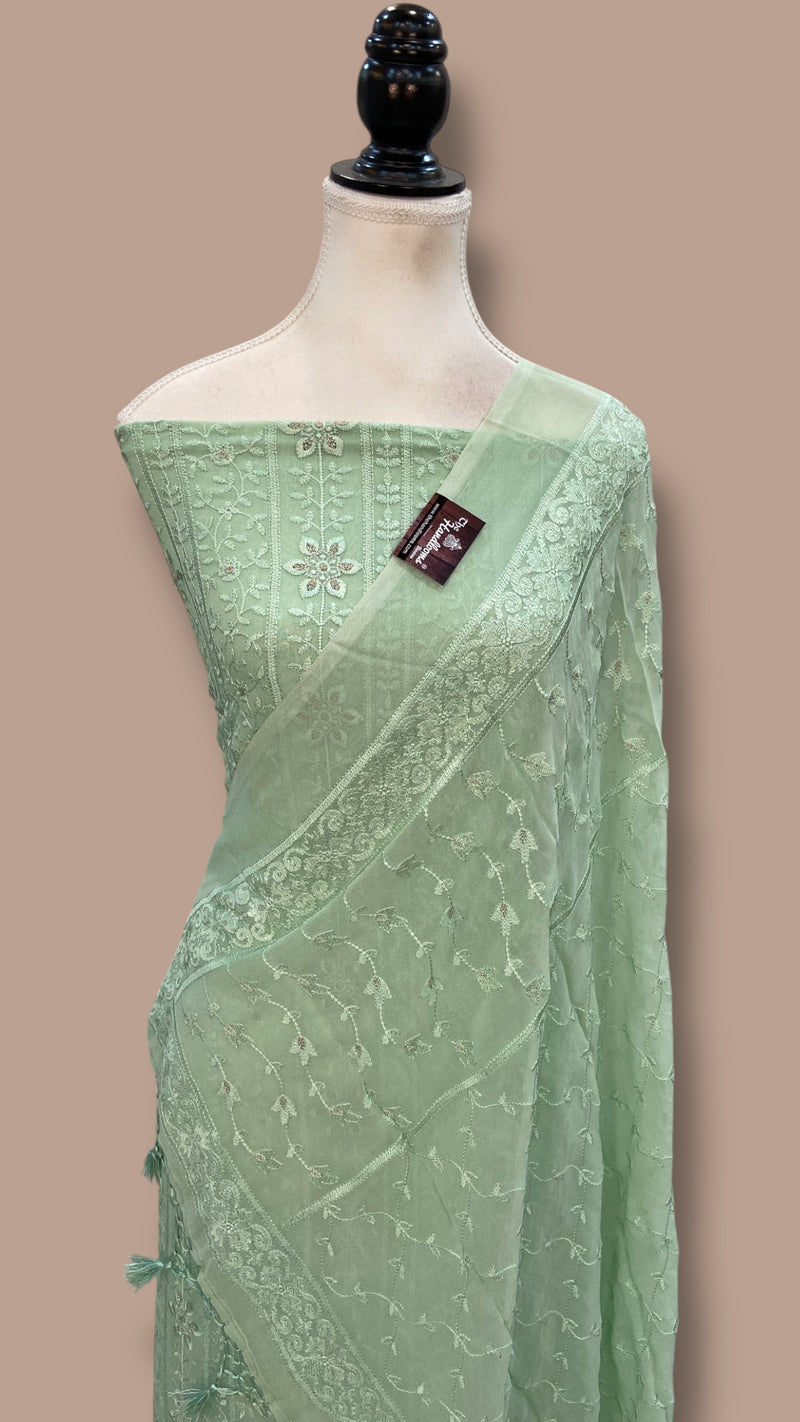 Pure Georgette Banarasi Chikankari Dress Material - The Handlooms