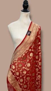 Red Pure Khaddi Georgette Dupatta - water zari - The Handlooms