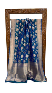 German Blue Pure Katan Silk Banarasi Handloom Saree - All over Jaal work - The Handlooms