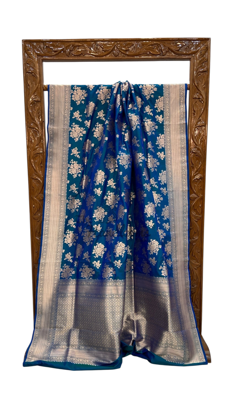German Blue Pure Katan Silk Banarasi Handloom Saree - All over Jaal work - The Handlooms