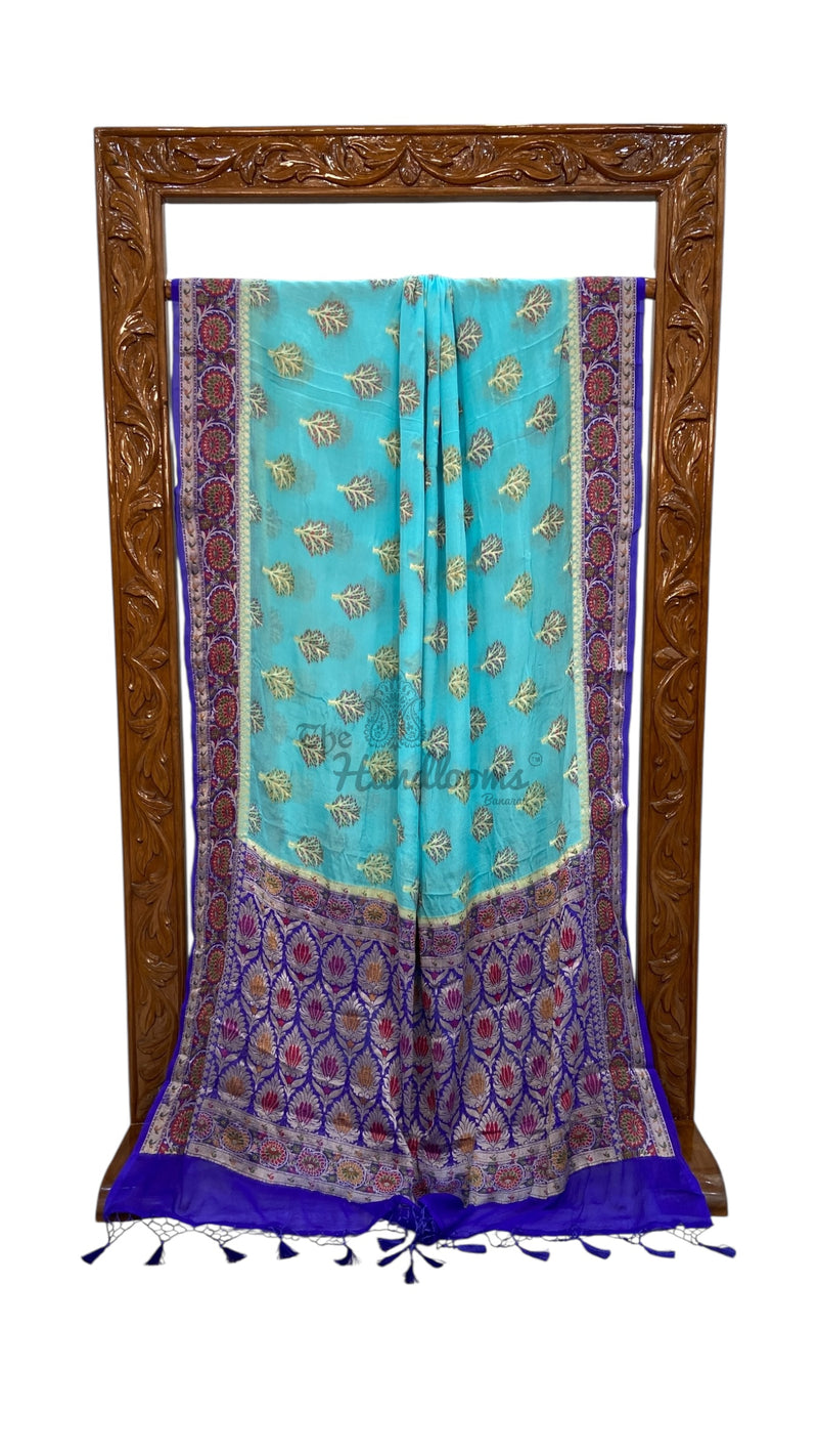Aqua Blue Pure Chiffon Khaddi Banarasi Saree - The Handlooms