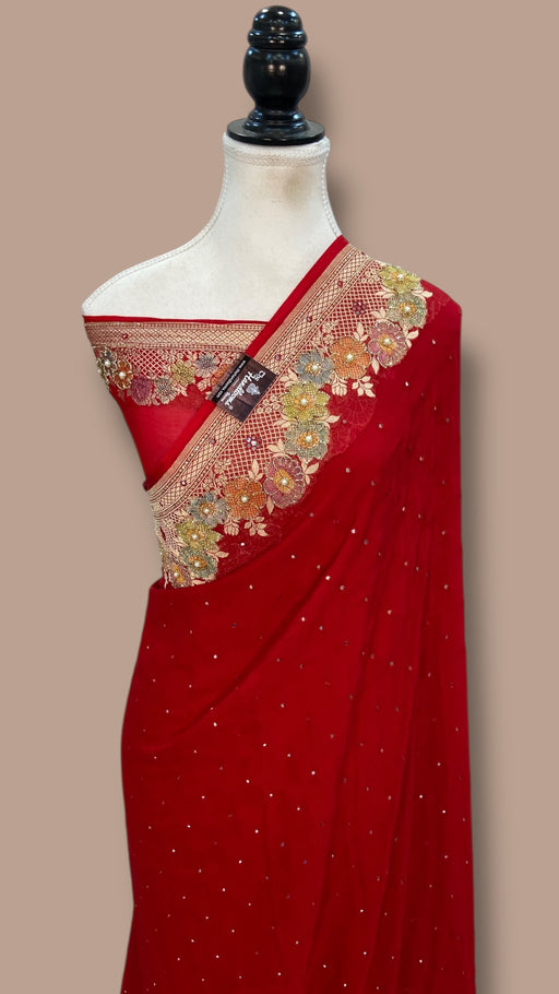 Red Khaddi Georgette Handloom Banarasi Saree with Handwork: Gota Patti, Zardozi, Diamond Chain, Katdana, and Abla Detailing - The Handlooms