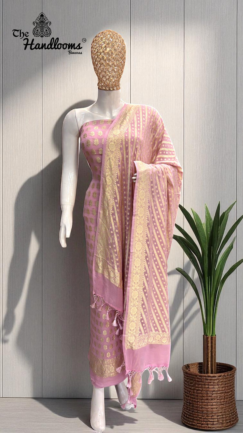 Pink Pure Khaddi Georgette Banarasi Dress material - The Handlooms