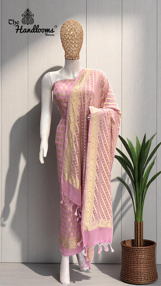 Pink Pure Khaddi Georgette Banarasi Dress material - The Handlooms
