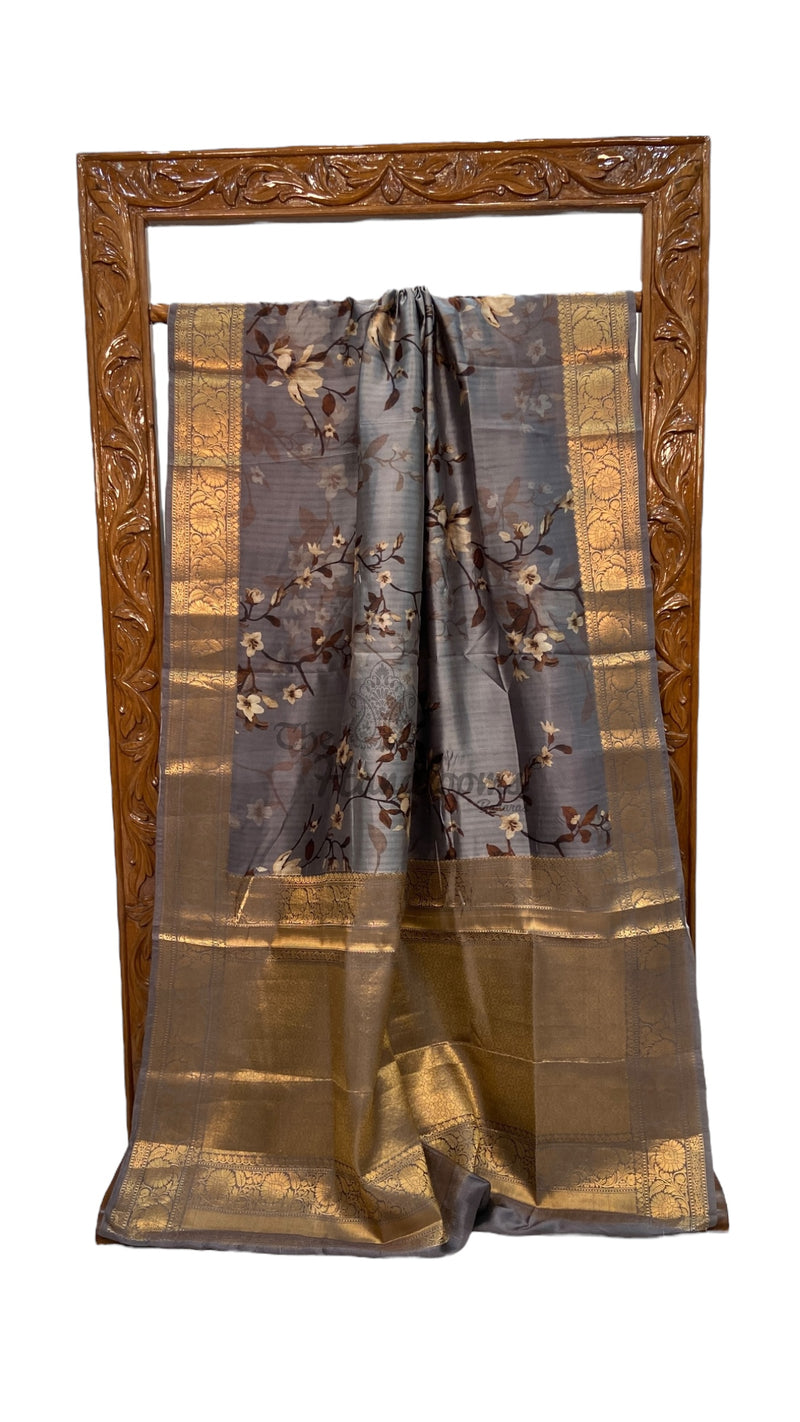 Pure Mango Silk Banarasi Handlokom Saree With Digital Print - The Handlooms