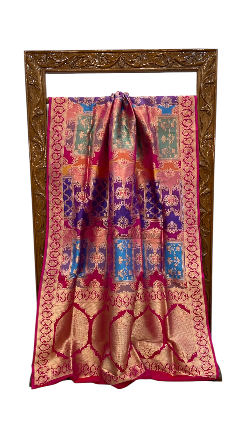 Multicolor Pure Katan Silk Banarasi Handloom Saree - All over Jaal Work With Rangkart - The Handlooms