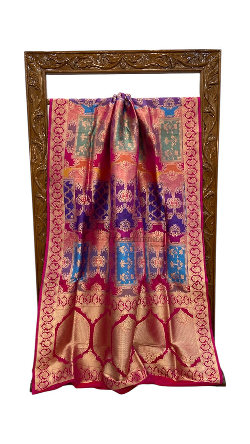 Multicolor Pure Katan Silk Banarasi Handloom Saree - All over Jaal Work With Rangkart - The Handlooms