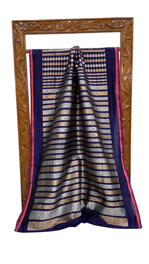 Navy Blue Nita Ambani Pure Katan Silk Banarasi Handloom Saree - All over Jaal work - With Meenakari - The Handlooms