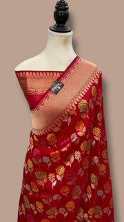 Red Pure Katan Silk Banarasi Handloom Saree - All over Jaal Work With Meenakari - The Handlooms