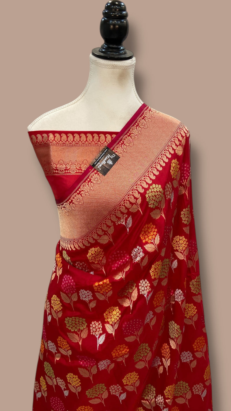 Red Pure Katan Silk Banarasi Handloom Saree - All over Jaal Work With Meenakari - The Handlooms