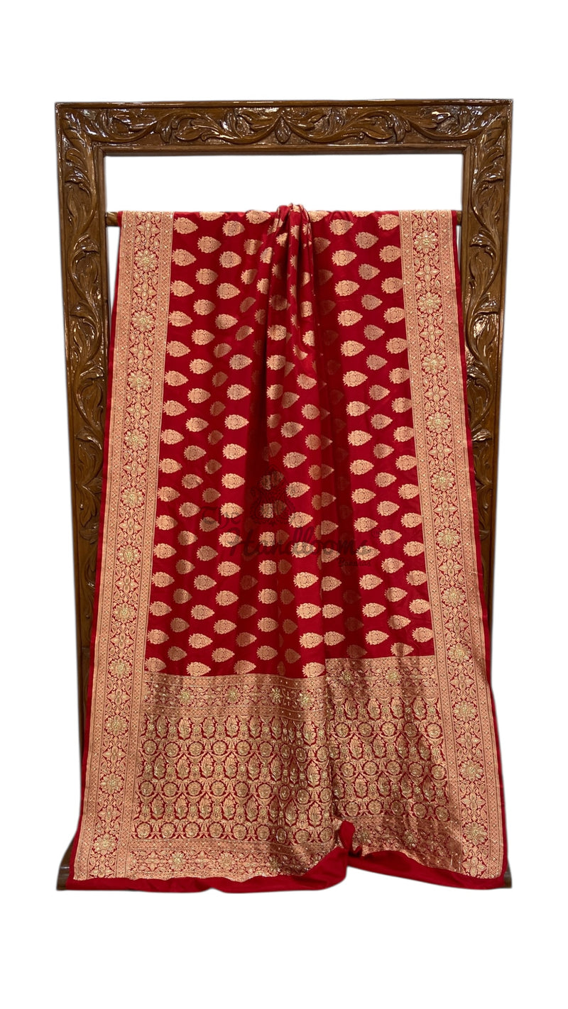 Red Pure Katan Silk Banarasi Handloom Saree - All Over Boota With Zardosi Handwork - The Handlooms