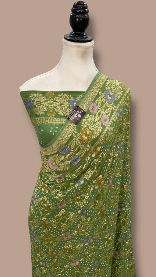 Pure Georgette Banarasi Bandhej Handloom Saree - Meenakari - The Handlooms