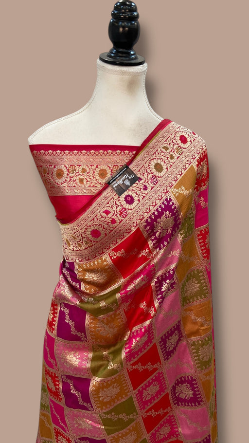 Multicolor Pure Katan Silk Banarasi Handloom Saree - All over Jaal Work With Rangkart - The Handlooms