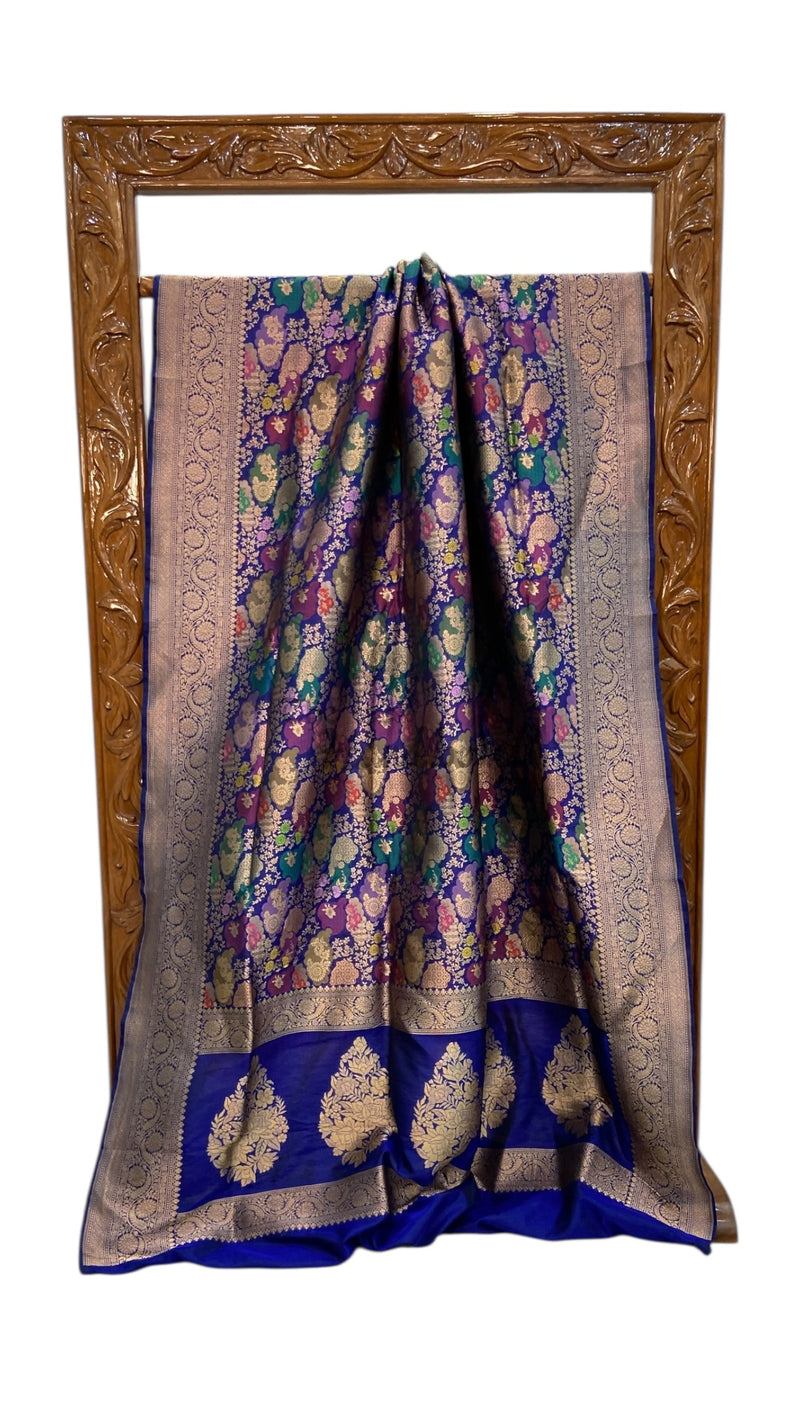 Multicolor Pure Katan Silk Banarasi Handloom Saree - All over Jaal Work With Rangkart - The Handlooms