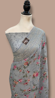 Pure Georgette Handloom Banarasi Saree - Digital Print With Chikankari - The Handlooms