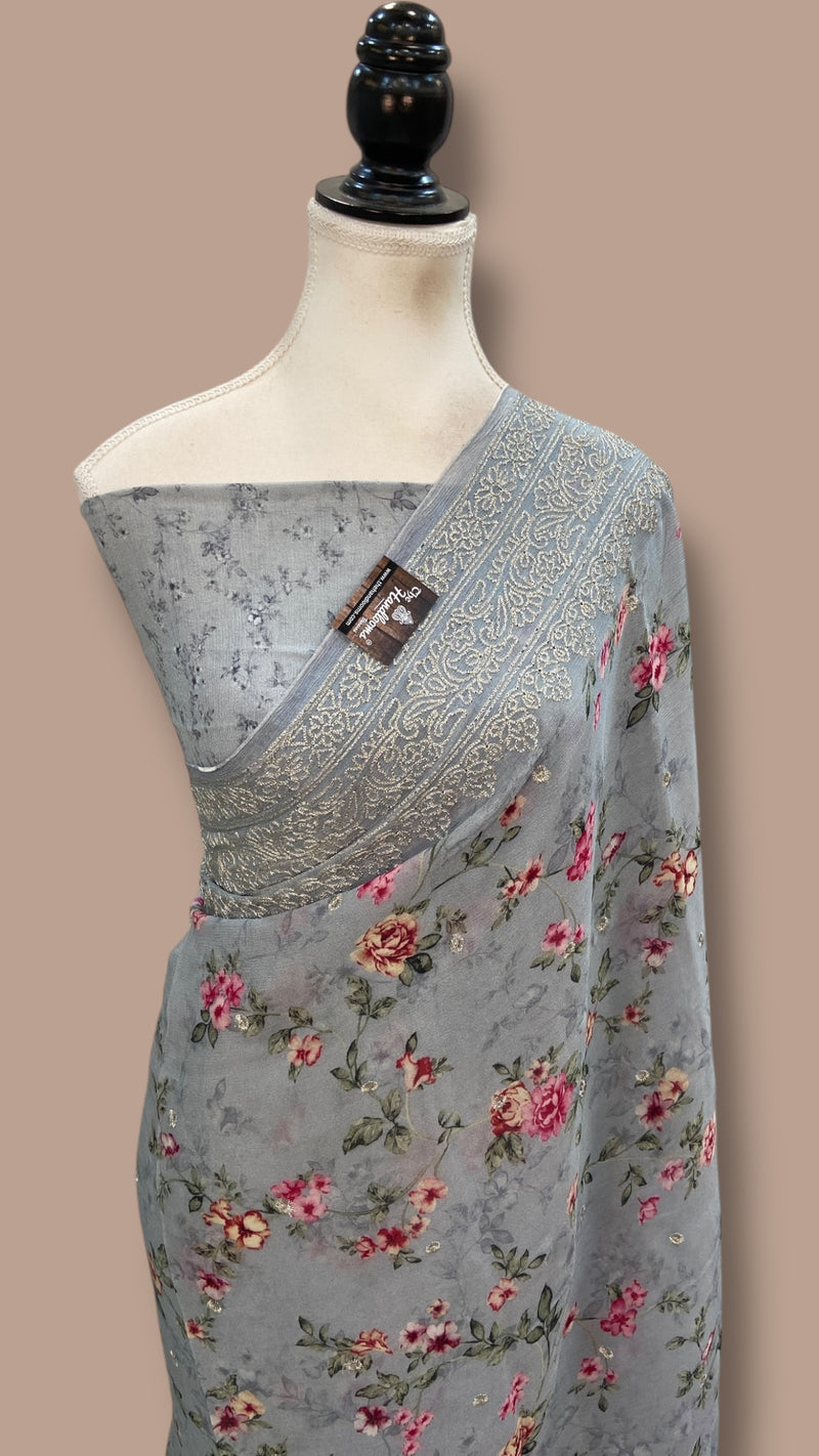 Pure Georgette Handloom Banarasi Saree - Digital Print With Chikankari - The Handlooms