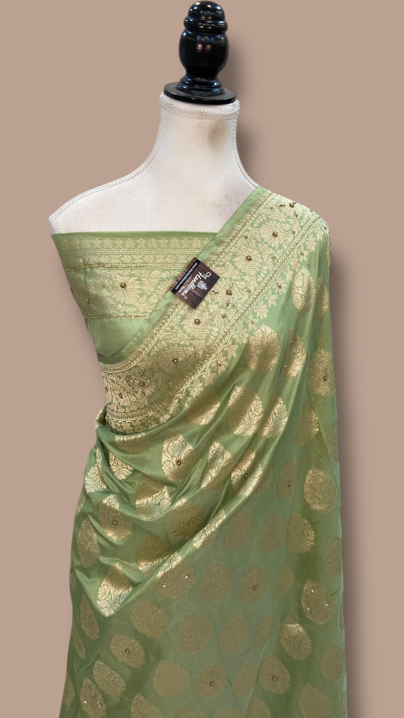 Pista Pure Katan Silk Banarasi Handloom Saree - All Over Boota With Zardosi Handwork - The Handlooms