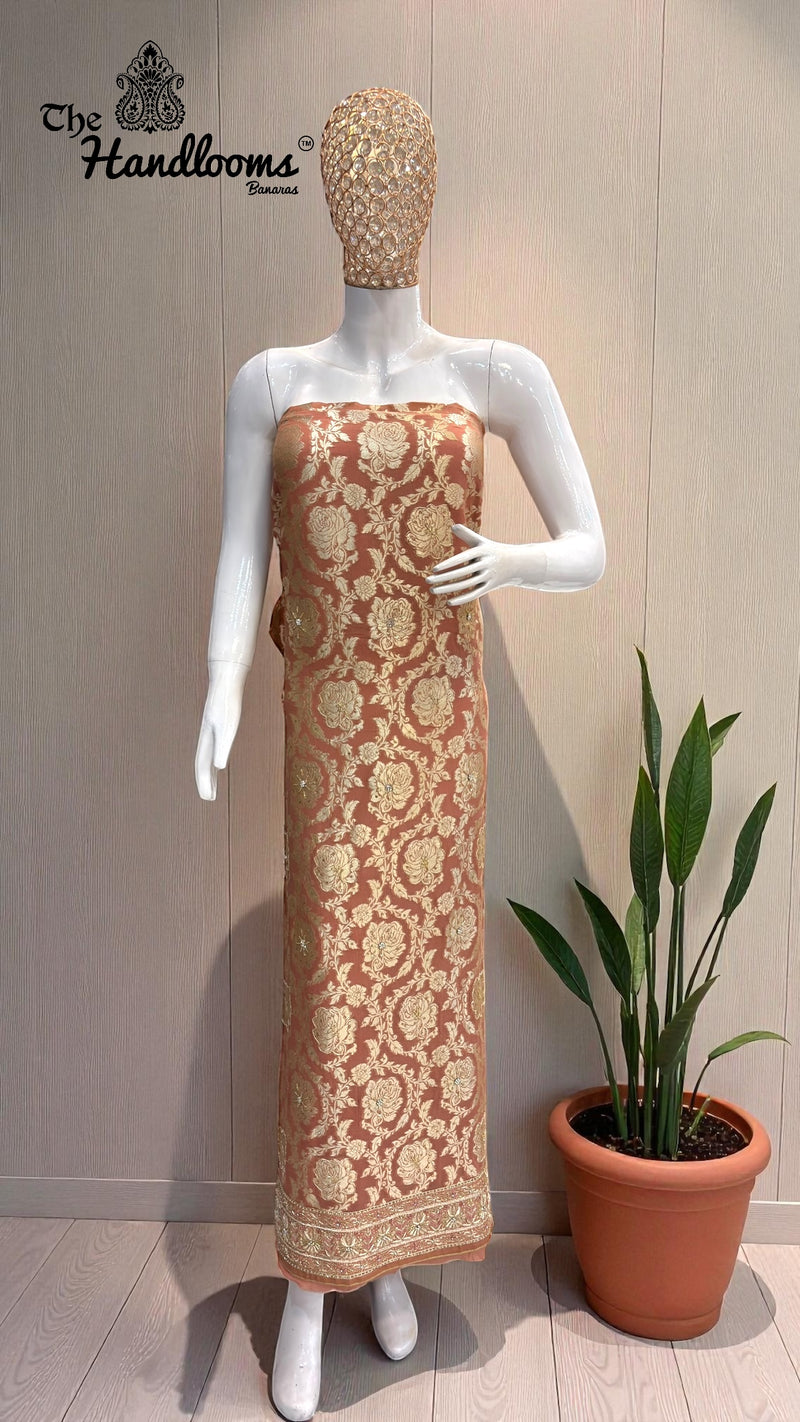 Pure Khaddi Georgette Handloom Banarasi Dress Material With Katdana,Zardozi,Stone,Diamond,Dapka - The Handlooms