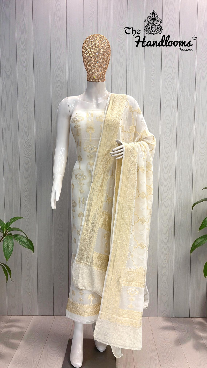 Khaddi Georgette Banarasi All Over Sona Roopa Dress Material - The Handlooms