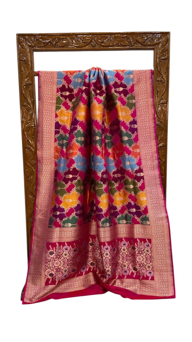 Multicolor Pure Katan Silk Banarasi Handloom Saree - All over Jaal Work With Rangkart - The Handlooms
