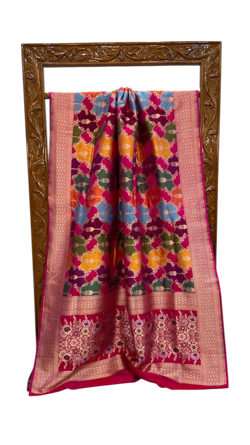 Multicolor Pure Katan Silk Banarasi Handloom Saree - All over Jaal Work With Rangkart - The Handlooms