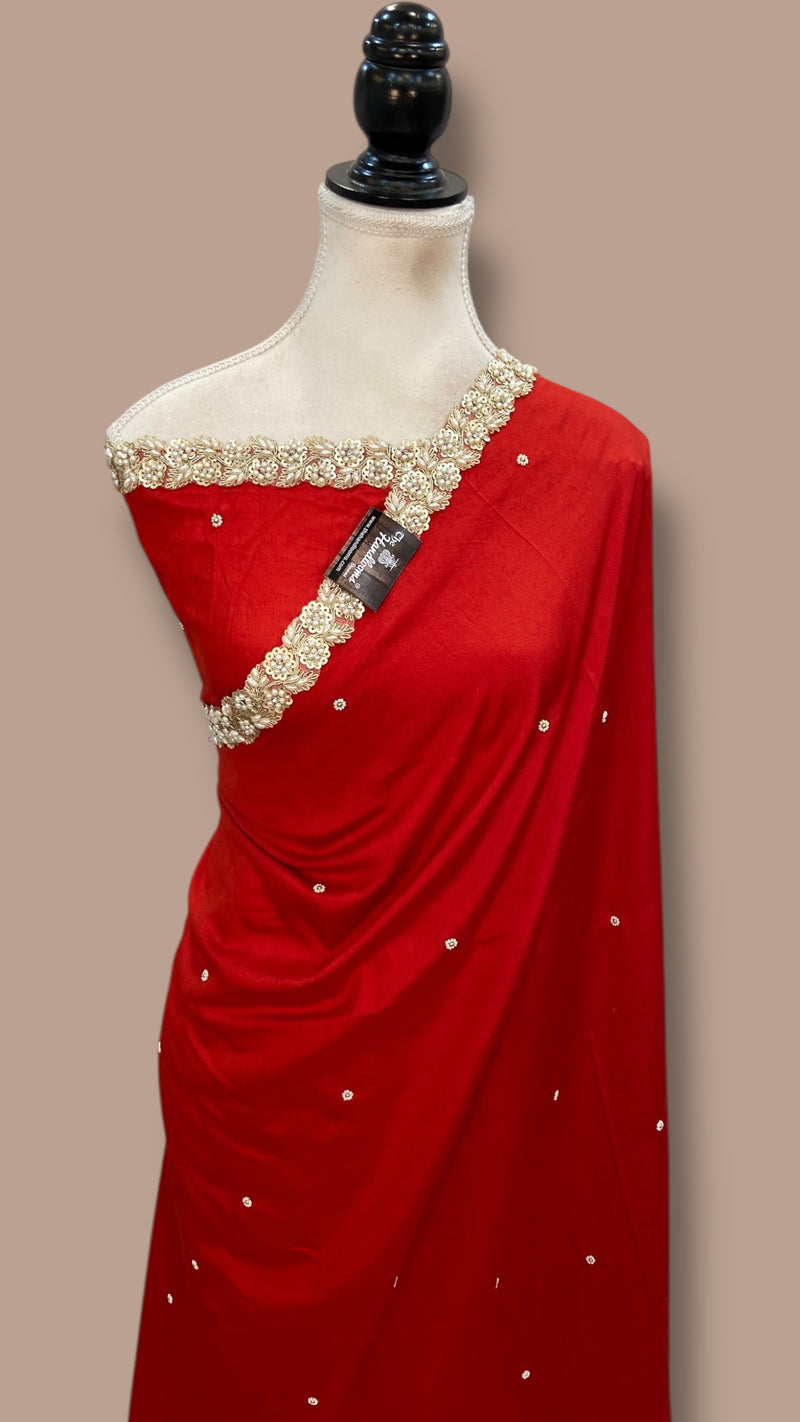 Pure Katan Chiniya Silk Handloom Banarasi Saree with Handwork - The Handlooms