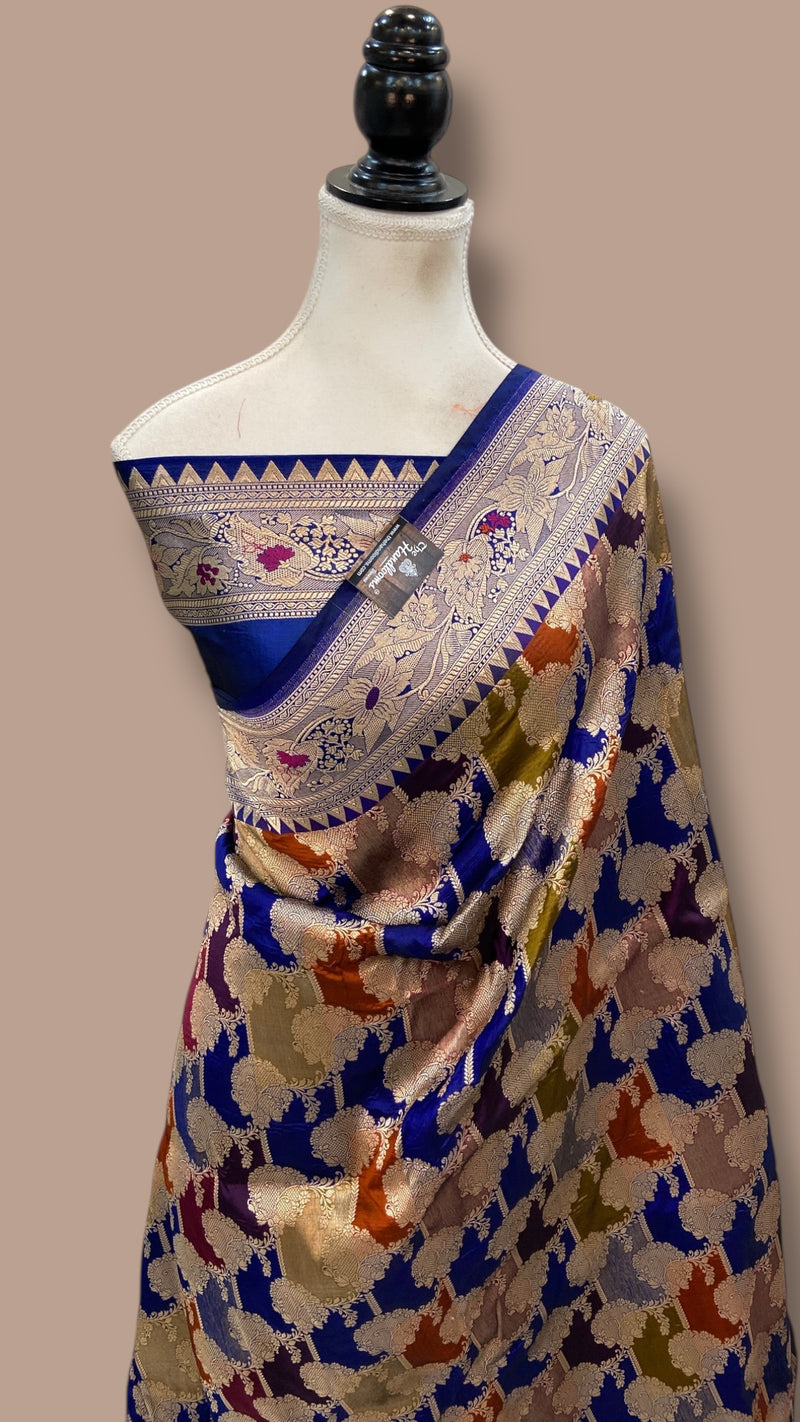 Multicolor Pure Katan Silk Banarasi Handloom Saree - All over Jaal Work With Rangkart - The Handlooms